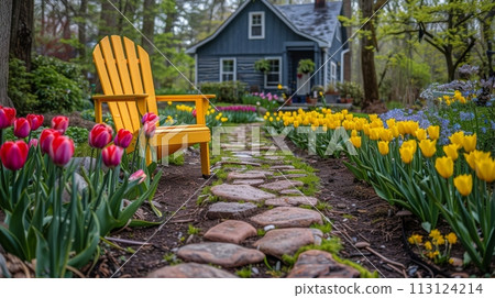 Yellow Chair on Stone Walkway 113124214