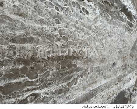 Melting dirty snow on the streets of the city during the daytime in winter. The pedestrian road is snow with sand and mud. Traces of people and pets. 113124342