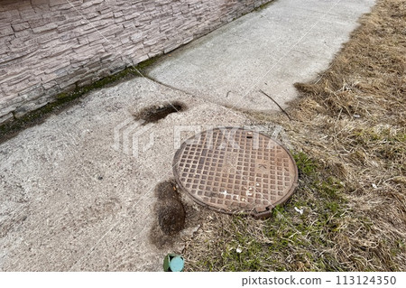 A rusty iron hatch with a pattern with a large gap at the top is mounted in the asphalt pavement of the pedestrian road. Close-up 113124350