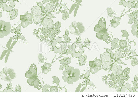 Dragonfly and flowers seamless pattern. Vector illustration. Suitable for fabric, mural, wallpapers, wrapping paper and the like Dragonfly and flowers seamless pattern. Vector illustration. Suitable for fabric, mural, wallpapers, wrapping paper and the like 113124459
