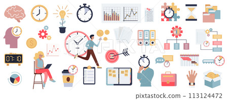 Time management mega set in flat graphic design. Collection elements of office workflow signs, countdown clock, schedules, hourglass, business deadline, hurry employees, other. Vector illustration. 113124472