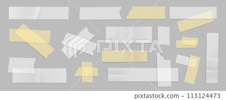 Sticky paper stripes mega set in flat graphic design. Collection elements of different transparent adhesive tapes with torn edges, white and yellow ripped fix scotch templates. Vector illustration. 113124473