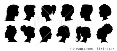 Head profile silhouette mega set in flat graphic design. Collection elements of different male and female human black portraits, african american or caucasian anonymous avatars. Vector illustration. Head profile silhouette mega set in flat graphic design. Collection elements of different male and female human black portraits, african american or caucasian anonymous avatars. Vector illustration. 113124487