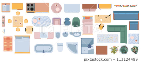 Furniture in top view mega set in flat graphic design. Collection elements of interior apartment plan with kitchen, bedroom, bathroom, living room, home office and other objects. Vector illustration. 113124489