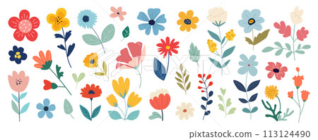 Flowers mega set in flat graphic design. Collection elements of abstract meadow wildflowers, daisy, chamomile, rose, green bushes, twigs, wild colourful plants, herbs and leaves. Vector illustration. Flowers mega set in flat graphic design. Collection elements of abstract meadow wildflowers, daisy, chamomile, rose, green bushes, twigs, wild colourful plants, herbs and leaves. Vector illustration. 113124490