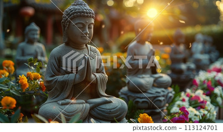 Three Buddha Statues Sitting on Top of a Lush Green Field 113124701