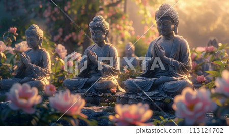 Three Buddha Statues Sitting on Top of a Lush Green Field 113124702
