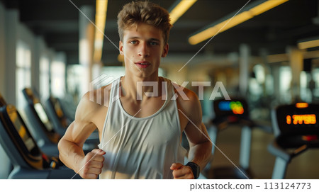 Caucasian man running on treadmill in gym. 113124773