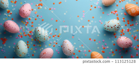 Speckled Eggs on Blue Background 113125128