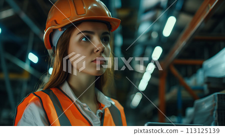 Caucasian woman using tablet to check goods in warehouse. 113125139
