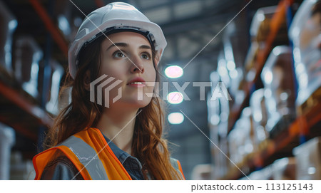 Caucasian woman using tablet to check goods in warehouse. Caucasian woman using tablet to check goods in warehouse. 113125143