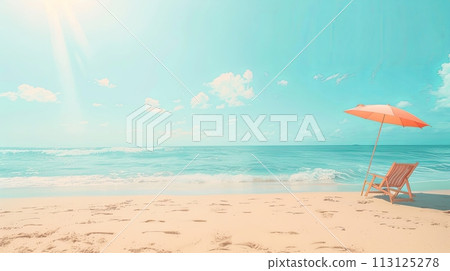 beach chair and umbrella on the beach in sunny day, pastel colors 113125278