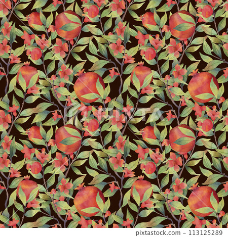 Watercolor pomegranate seamless pattern on dark background 113125289
