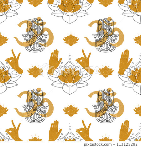 Buddhism loutus flower with line and gold seamless pattern Buddhism loutus flower with line and gold seamless pattern 113125292
