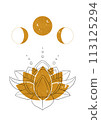 Buddhism loutus flower with line and gold illustration. Lunar cycles poster 113125294