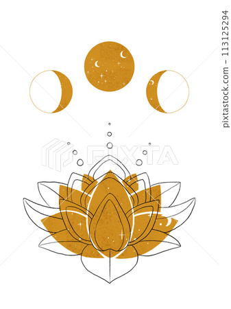 Buddhism loutus flower with line and gold illustration. Lunar cycles poster Buddhism loutus flower with line and gold illustration. Lunar cycles poster 113125294