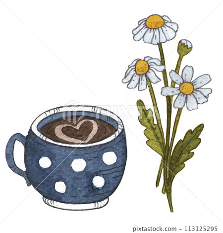 Chamomile and cup of cacao, coffee or tea in white background. Sketch watercolor art Chamomile and cup of cacao, coffee or tea in white background. Sketch watercolor art 113125295