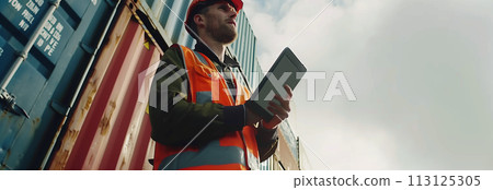 A Caucasian man is using a tablet to check goods on a container ship sailing at sea. 113125305