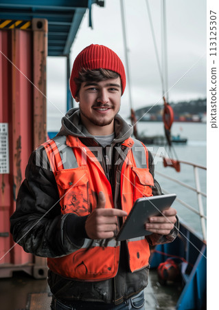 A Caucasian man is using a tablet to check goods on a container ship sailing at sea. 113125307
