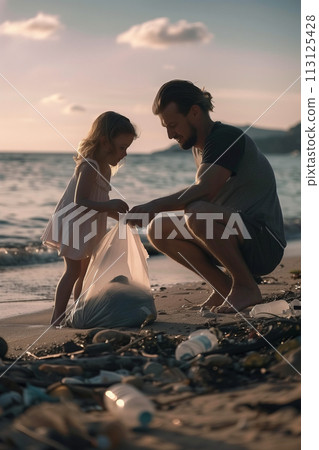 Caucasian father and daughter are helping to collect trash on the beach. Caucasian father and daughter are helping to collect trash on the beach. 113125428