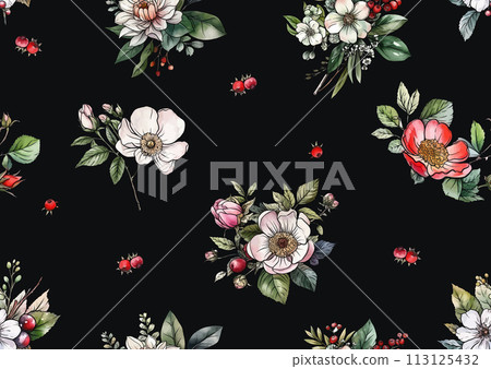 Boutonniere of wild rose flowers and berries 113125432