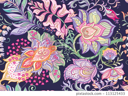 Fantasy flowers in retro, vintage, jacobean embroidery style 113125433