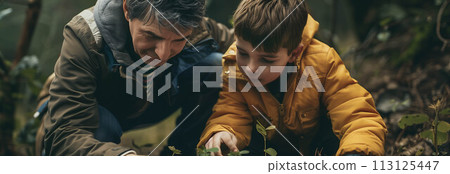 Caucasian father and son planting trees in the forest. 113125447