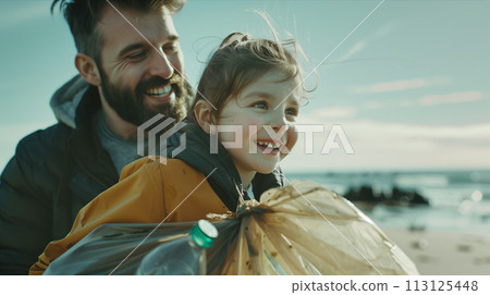 Caucasian father and daughter are helping to collect trash on the beach. 113125448