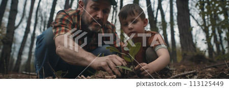 Caucasian father and son planting trees in the forest. 113125449
