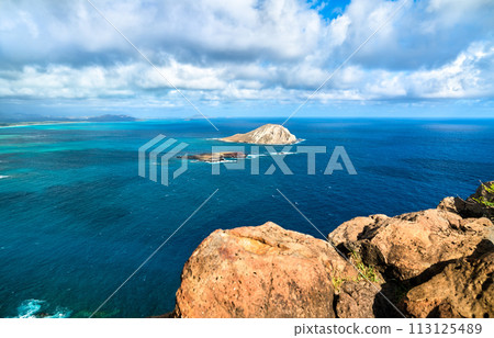 Manana Island and Kaohikaipu Islet seen from Makapuu Point on the eastern side of Oahu island in Hawaii, USA 113125489