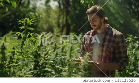 Caucasian male farmer inspects cannabis plants in outdoor farm. Caucasian male farmer inspects cannabis plants in outdoor farm. 113125526