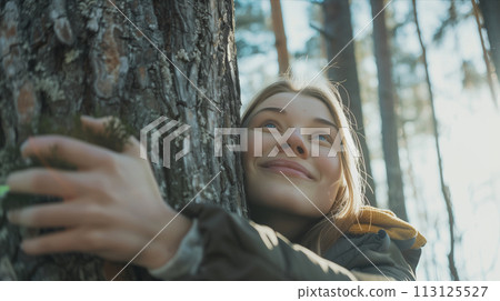 Caucasian woman hugging the trunk of a big tree in the forest. 113125527