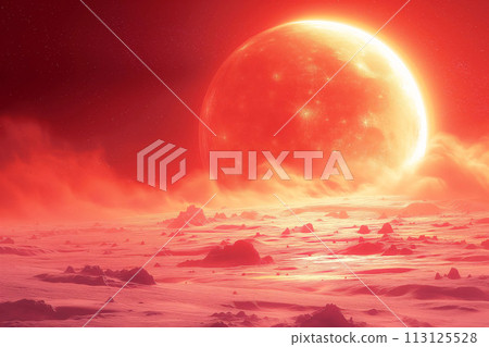 A Marslike Dreamscape Bathed in Peach Fuzz Pantone Hues, Immersive Alien Terrain Under a Giant Sun 113125528