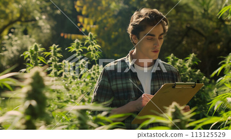 Caucasian male farmer inspects cannabis plants in outdoor farm. 113125529