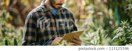 Caucasian male farmer inspects cannabis plants in outdoor farm. Caucasian male farmer inspects cannabis plants in outdoor farm. 113125596