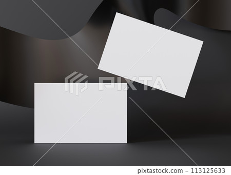 Two blank business cards floating over a wavy black backdrop, perfect for designers to display corporate identity or branding. Business card mockup. European size 3,25 x 2,17 inch. Visiting card. 3D. Two blank business cards floating over a wavy black backdrop, perfect for designers to display corporate identity or branding. Business card mockup. European size 3,25 x 2,17 inch. Visiting card. 3D. 113125633