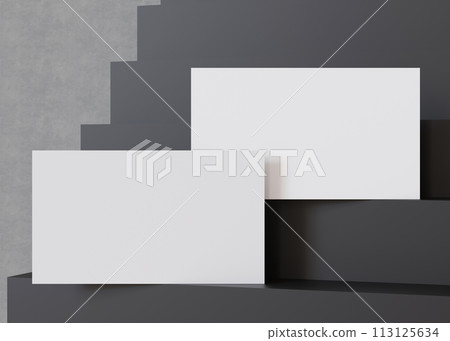 Stylish blank, white business cards on a cascading black staircase, perfect for a bold and modern branding presentation. American size, 3,5 x 2 inch. Visiting, name cards mockup. 3D. Stylish blank, white business cards on a cascading black staircase, perfect for a bold and modern branding presentation. American size, 3,5 x 2 inch. Visiting, name cards mockup. 3D. 113125634