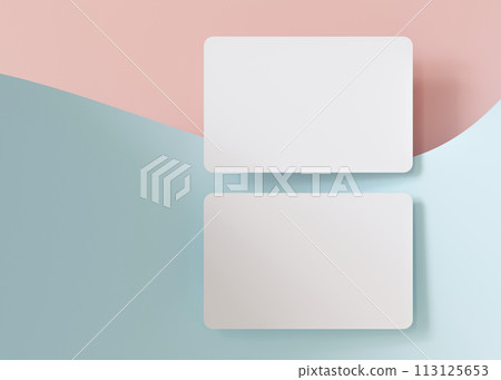Two white business cards on pastel pink and blue, wavy background, perfect for a fresh and modern brand representation. European size, 3,25 x 2,17 inch. Visiting, name cards. Rounded corners. 3D. 113125653