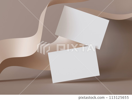 Two blank business cards floating over a wavy beige backdrop, perfect for designers to display corporate identity or branding. Business card mockup. European size 3,25 x 2,17 inch. Visiting card. 3D. Two blank business cards floating over a wavy beige backdrop, perfect for designers to display corporate identity or branding. Business card mockup. European size 3,25 x 2,17 inch. Visiting card. 3D. 113125655