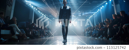 Caucasian male model in fashion clothes walks on the catwalk. Caucasian male model in fashion clothes walks on the catwalk. 113125742