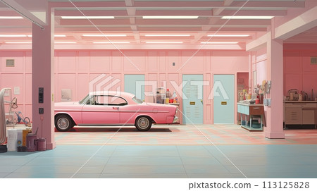 pastel pink retro garage with stylish car pastel pink retro garage with stylish car 113125828