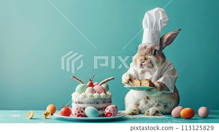 Rabbit Chef cooked Easter cake on blue background with copy space Rabbit Chef cooked Easter cake on blue background with copy space 113125829
