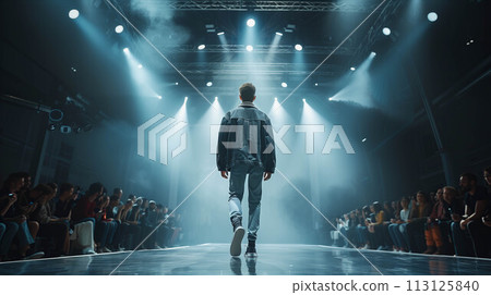 Caucasian male model in fashion clothes walks on the catwalk. 113125840