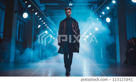 Caucasian male model in fashion clothes walks on the catwalk. Caucasian male model in fashion clothes walks on the catwalk. 113125841