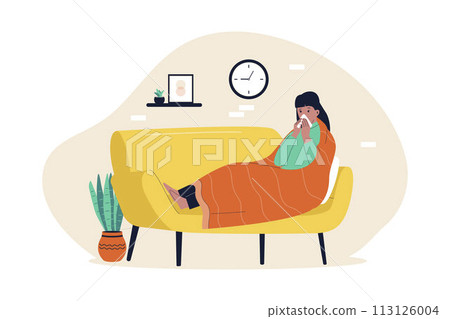 A sick woman at sofa illustration. Vector flat illustration A sick woman at sofa illustration. Vector flat illustration 113126004