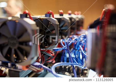 Cryptocurrency mining equipment - lots of gpu cards on mainboard Cryptocurrency mining equipment - lots of gpu cards on mainboard 113126005