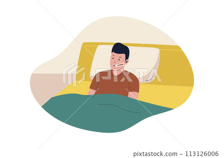 A sick man in bed illustration. Vector flat illustration A sick man in bed illustration. Vector flat illustration 113126006