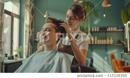 Caucasian woman cutting hair of customer in hair salon. 113126308