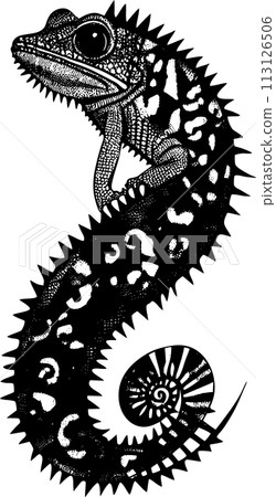 simple black outline drawing chameleon, isolated element, design 113126506