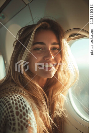 Caucasian woman sitting in airplane near window. 113126518